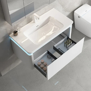 <span class=keywords><strong>Tocador</strong></span> de baño flotante moderno de un solo fregadero, espejo LED de gabinete resistente al agua pintado en <span class=keywords><strong>blanco</strong></span> brillante para apartamento, Hotel, Villa - Product Image 4