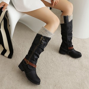 Botas de gamuza hasta la rodilla con cremallera y hebilla, punta redonda, tacón cuadrado bajo, zapatos de mujer con forro de felpa, envío directo - Product Image 5