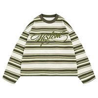 Haut à manches longues rayé vert olive avec motif lettre brodé personnalisé, col rond crème, coupe courte, style streetwear décontracté