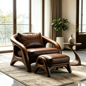 <span class=keywords><strong>Fauteuil</strong></span> en fibre de verre à cadre courbé en grain de noyer avec repose-pieds en cuir marron pour un espace de vie moderne - Product Image 2