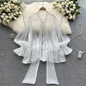 High-end Beaded Bow Sleeve Shirt Women's Elegant <b>Top</b> Fashion - Product Image 4