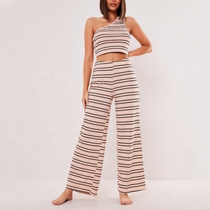 Custom High Quality Sleepwear Striped One Shoulder <strong>Crop</strong> Top and Pants Two Piece Loungewear Set Women Cotton Print <strong>Pajamas</strong> - Product Image 1