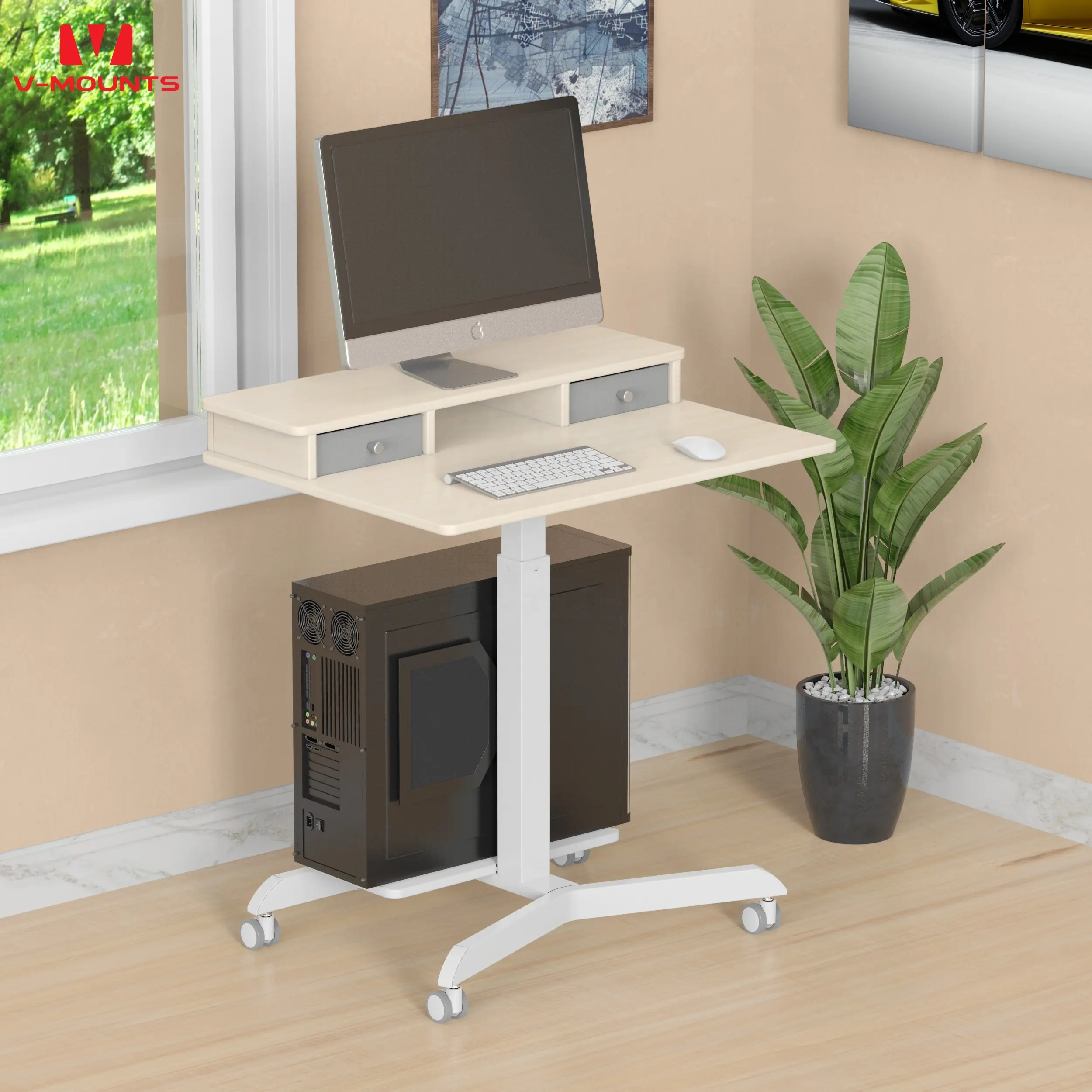 V-mounts ErgoFusion adjustable laptop stand desk notebook computer holder with chassis rack & double drawers VM-FA109