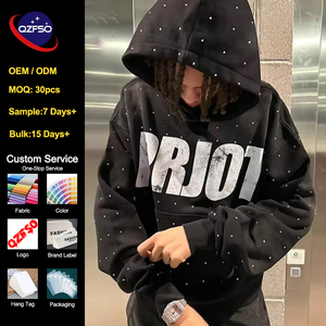 เสื้อฮู้ดดี้สีดำ QZFSO สไตล์สตรีทแวร์ พิมพ์ลายตามสั่ง ซันเฟด แอซิดวอช ประดับคริสตัล ทรงโอเวอร์ไซส์ ผ้าฝ้าย 100% - Product Image 1
