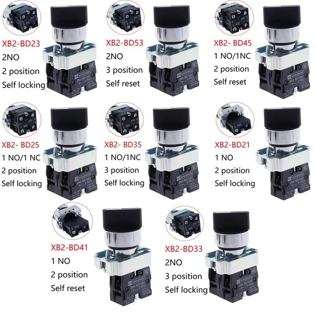 22mm XB2-BD21 BD23 BD25 BD33 BD45 BD53 1NO/2NO/1NO1NC 2/3 position Self locking / self resetting selector Knob switch