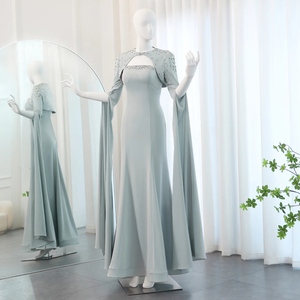 Arabie Saoudite Sauge <span class=keywords><strong>Vert</strong></span> Sirène Robe De Soirée Avec Cape Manches De Luxe Perlé Dubaï Femmes Robes De Soirée De Mariage SZ424 - Product Image 3