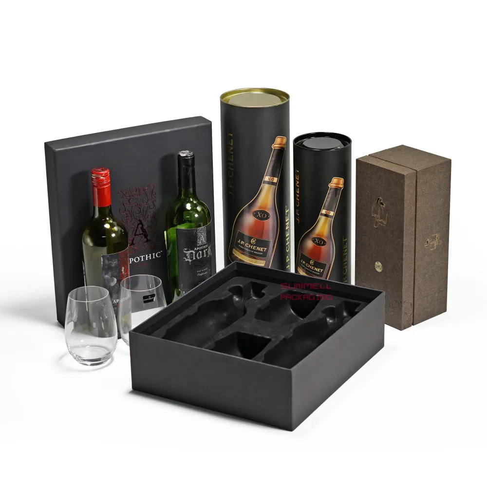 Özel Premium 2 paket karton silindir şarap hediye paketi kutusu Metal kapaklı brendi tüp ambalaj