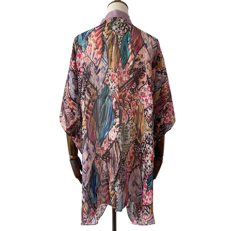 Venta al por mayor fotos personalizadas digital impreso seda larga traje de baño estilo kimono