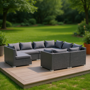 Ensemble de salon de jardin en rotin gris, structure en acier thermolaqué, mobilier d'extérieur 6 places, design contemporain - Product Image 2