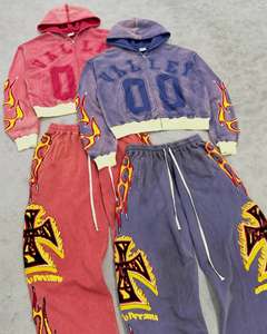 Tùy Chỉnh Quần Bó <span class=keywords><strong>S</strong></span>át Và Áo Thiết Lập Y2K Cổ Điển Thêu Tracksuit Thiết Lập Tùy Chỉnh Enzyme Rửa Quá Khổ Cắt Zip up Hoodie Bộ - Product Image 2