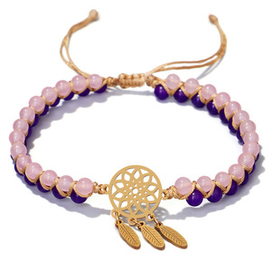 Gold Stainless Steel <strong>Dreamcatcher</strong> Jewelry Agate Pink Crystal Energy Natural Stone Beads Two Double Layers <strong>Bracelet</strong> for Women - Product Image 1