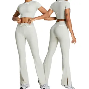 TM0179Y donna Micro Yoga Fitness Sst Sst Top dimagrante con fessura pantaloni a zampa e pantaloni da ginnastica modello solido Set per adulti
