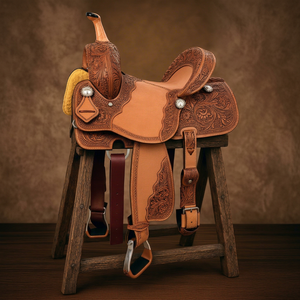 Silla de Montar Western de Cuero Genuino Premium para Doma y Salto, con Arco de Madera Tallado Floral Hecho a Mano y Característica AC - Product Image 1