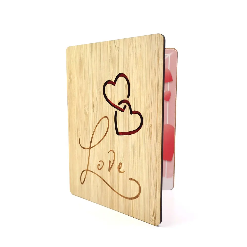 थोक तह बांस जन्मदिन ग्रीटिंग कार्ड लकड़ी शिल्प सजावट प्राकृतिक लकड़ी रंग नक्काशीदार लेजर कट, लेजर उत्कीर्णन OEM