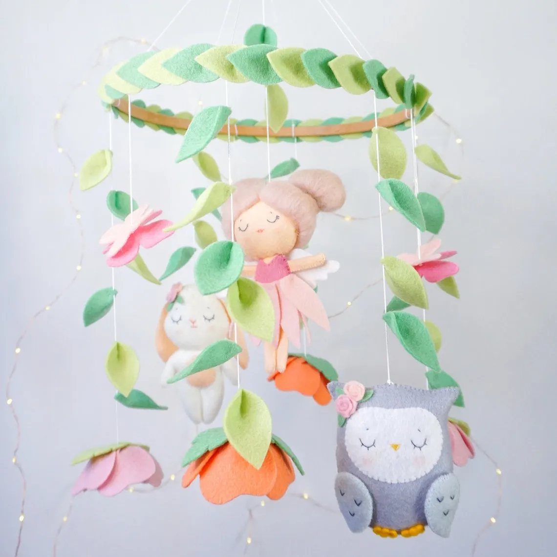 100% Handmade Felt Fairy Holz Musical Baby mobiles with fairy bunny and owl Stuffed Nursery Crib mobile for Baby Girl