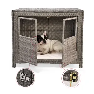 Cão artificial em rattan para pet, venda por atacado de porta dupla com animal de estimação gaiola casa do cão