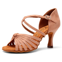 Chaussures de danse latine marron pour femmes, à lanières croisées, bout ouvert, talons hauts, semelle en daim souple, chaussures professionnelles pour salsa, tango et danse de salon