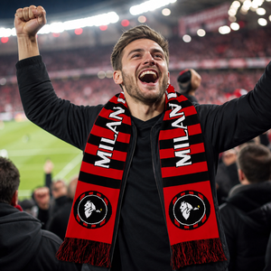 Écharpe de football en tricot acrylique rayée rouge et noire personnalisée avec pompons, écharpe jacquard pour les fans du club de football de Milan - Product Image 1