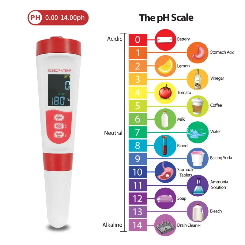 4 in 1 pH EC TDS温度デジタルpHメーターペンpHメーター防水バッファー認識付き