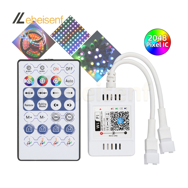 WiFi LED Dream Color Pixel Controller Single or Dual Output SM 3-Pin Port DC12-24V 2048 Pixel SPI Signal Dimmer 28 key IR Remote