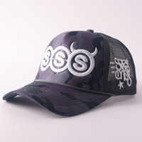 Gorra Trucker de Espuma Morada con Bordado 3D, Logotipo Triple S con Cuernos de Diablo, Gorra de Béisbol de Malla, Gorra Snapback Personalizada de Estilo Urbano