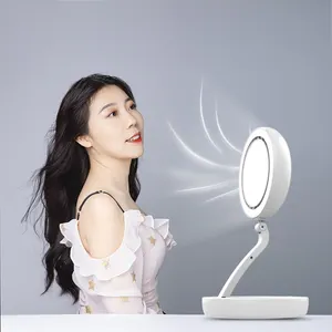 최고의 판매 충전식 USB 책상 팬 LED 메이크업 거울 여성 여행 책상 팬 거울 소녀 LED 조명 거울