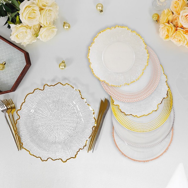 13inch  Plastic Charger Plate Gold-bead Electroplated Wedding Hotel Round Bead Plate Modern Transparent Christmas Decorative