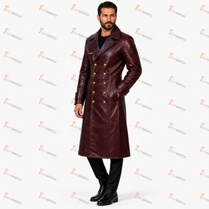 <b>Men's</b> Genuine Leather Long Trench Coat <b>Double</b> <b>Breasted</b> Notched Lapel Embossed Finish With Button Closure - Product Image 5