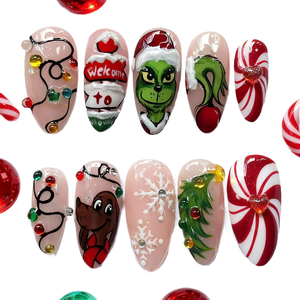 Ongles press-on de Noël 3D stéréo, rennes, sapin de Noël, forme amande, pointes d'ongles faites à la main de haute qualité - Product Image 1
