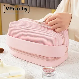 Atacado Grande Capacidade Viagem Cosméticos Zipper Bag Multicolor Dupla Camada PU Couro Personalizado Viagem Higiene Pessoal Maquiagem Bolsa