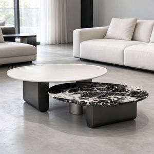 Ensemble de tables basses asymétriques en marbre blanc avec plateau rond et table d'appoint ovale en marbre noir, style moderne pour salon, hall d'hôtel, villa - Product Image 1