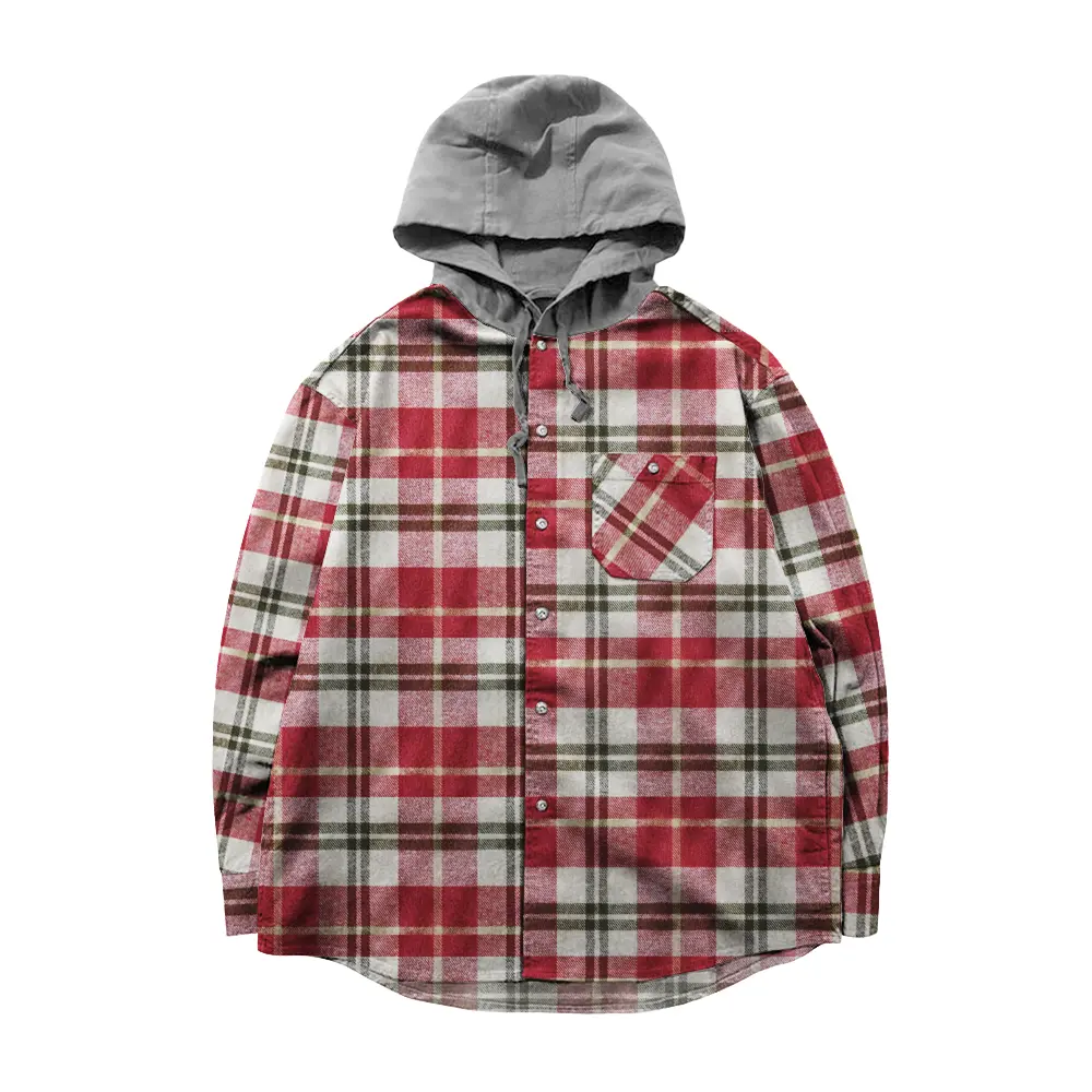 Men's plus size flannel drawstring hooded plaid shirt men classic sport outdoor work casual shirts
