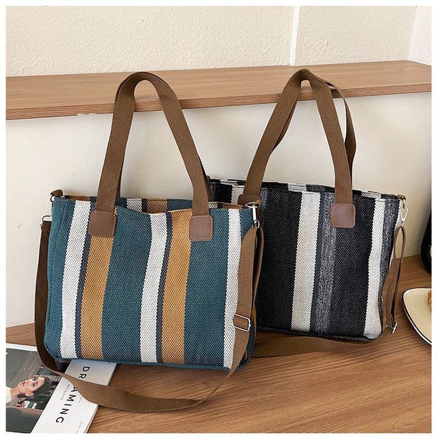 New Fashion Striped Canvas Tote Bag for Commute Women Handbag Shoulder Crossbody Bag