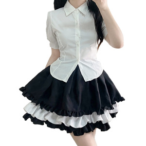 Lolita Maid <b>Skirt</b> Women Black <b>White</b> Layered <b>Ruffle</b> Satin Elastic Waist <b>Mini</b> <b>Skirt</b> Princess Style Dress - Product Image 5
