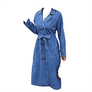 Gabardina Larga de Mezclilla para Mujer, Doble Botonadura, con Cinturón, Color Sólido, Estilo Casual para Otoño - Product Image 3