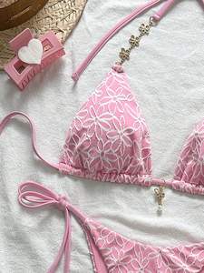 2025 Women's European American Sexy Lace-up Neck <strong>Bikini</strong> New Flower Fabric Bandeau <strong>Swimsuit</strong> <strong>Thongs</strong> Solid Pattern Logo Waist - Product Image 3