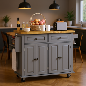 Chariot de cuisine gris avec plateau en bois d'hévéa, 2 tiroirs, étagère à épices, modèle D0100XFFZ6J pour salle à manger - Product Image 2