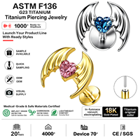 Clous de piercing en titane ASTM F136 sans filetage, avec motif aile de chauve-souris et cœur en zircon cubique, plaqués or 18 carats, pour lobe d'oreille, hélix, tragus, labret