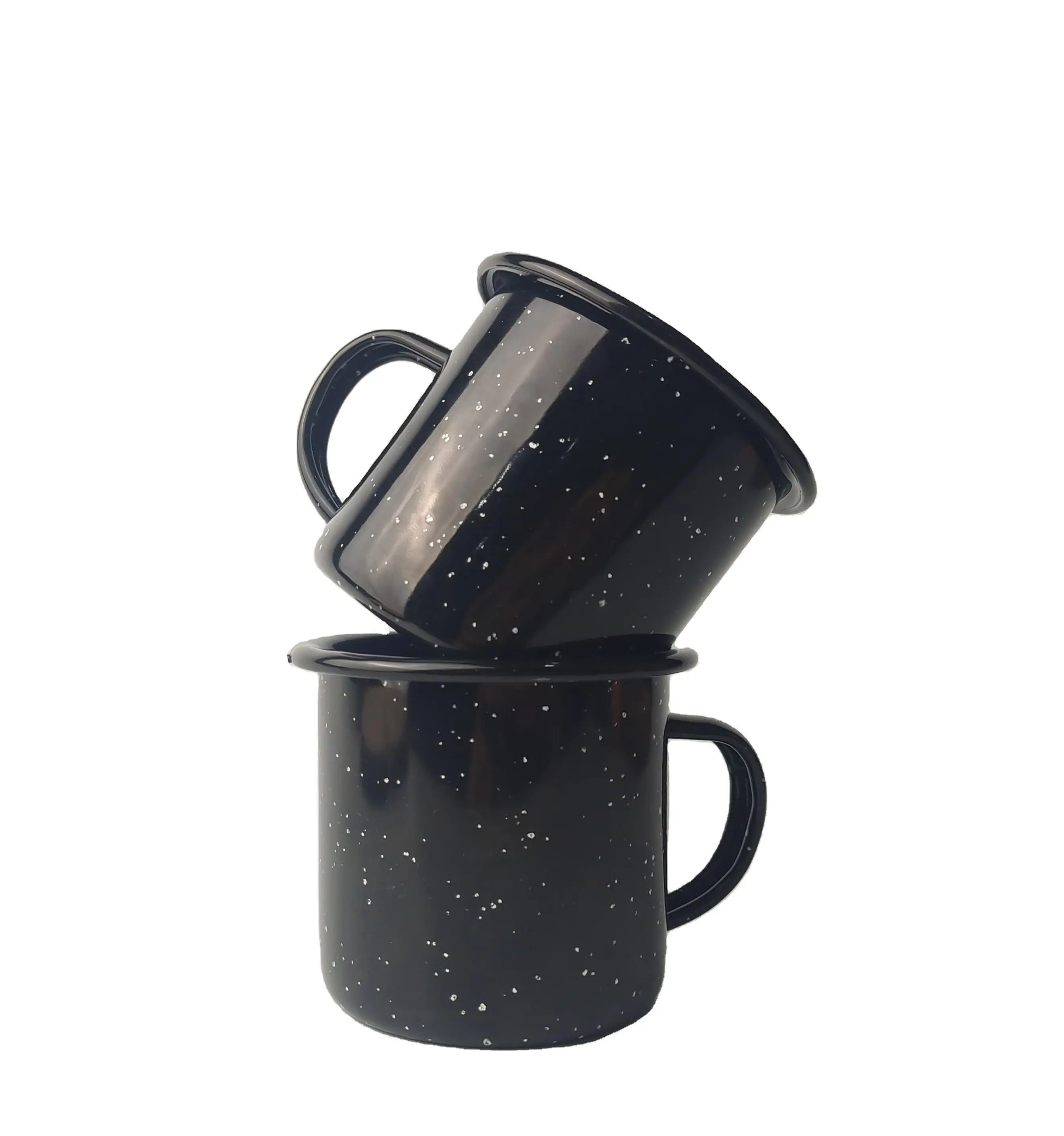 Hot selling 11oz custom enamel mug white spray point black metal camping mug wholesale portable travel cup outdoor water cup