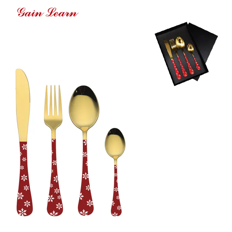 Gain Learn Custom Logo 4Pcs Set de couverts de Noël en acier inoxydable Set de couverts en or rouge avec boîte cadeau