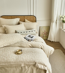 Parure de lit jacquard en lin et coton tissé, avec housse de <span class=keywords><strong>couette</strong></span>, drap plat et taies d'oreiller, style rafraîchissant 300TC - Product Image 3