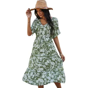 Vestido de verão boho feminino, moda floral impressão estilo coreano decote em v vestido para mulheres roupas boho