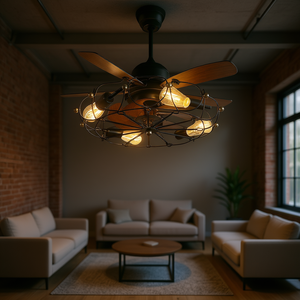 Ventilador de Techo LED Industrial Moderno con Luces, Diseño de Perfil Bajo con Rejilla, Control Remoto, Motor DC Integrado de 3 Aspas, Luz Cálida - Product Image 2