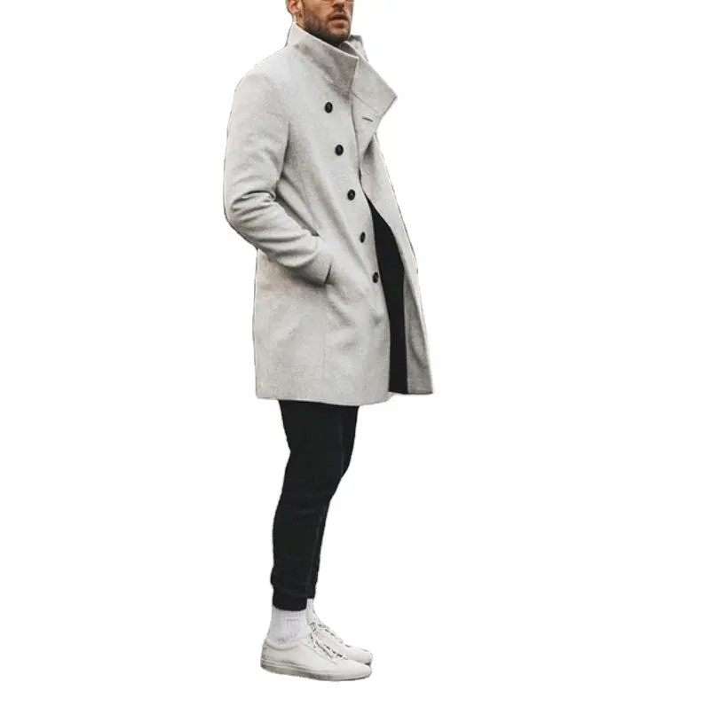 Autumn and winter new men's fashion casual trench coat mid-length stand-up collar woolen windbreaker jacket