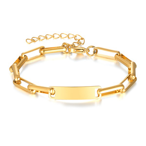 18K Gold Plated Stainless Steel Paperclip Chain Bracelet Blank Engravable Bar Adjustable Extension Chain Unisex Fashion Jewelry - Product Image 1