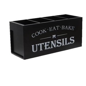 Estante para utensilios de cocina de madera maciza, negro, con parte superior abierta y compartimentos para almacenamiento y organización de utensilios de cocina - Product Image 5