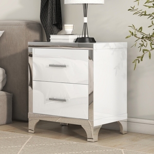 Modern Bedroom End Table Sofa Side Table Elegant High Gloss White <strong>Nightstand</strong> <strong>Mirrored</strong> 2 Drawer Bedside Table - Product Image 1