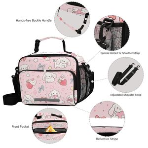 Kawaii Pink Insulated Lunch <b>Bag</b> with Dog Strawberry Pattern 28cm Zipper Closure Casual Cooler <b>Tote</b> for Food Storage - Product Image 2