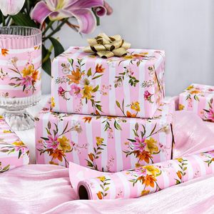 Burymento Pink Striped Floral <b>Wrapping</b> <b>Paper</b> 17 In X 32.8 Ft Reversible Gift Wrap For Baby Shower Birthday Valentine's Day - Product Image 4