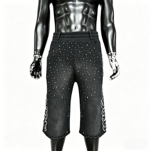 Pantalones Cortos Deportivos de Algodón con Cintura Elástica, Estilo Streetwear, con Pedrería, Lavado Ácido, Talla Grande para Hombre - Product Image 1
